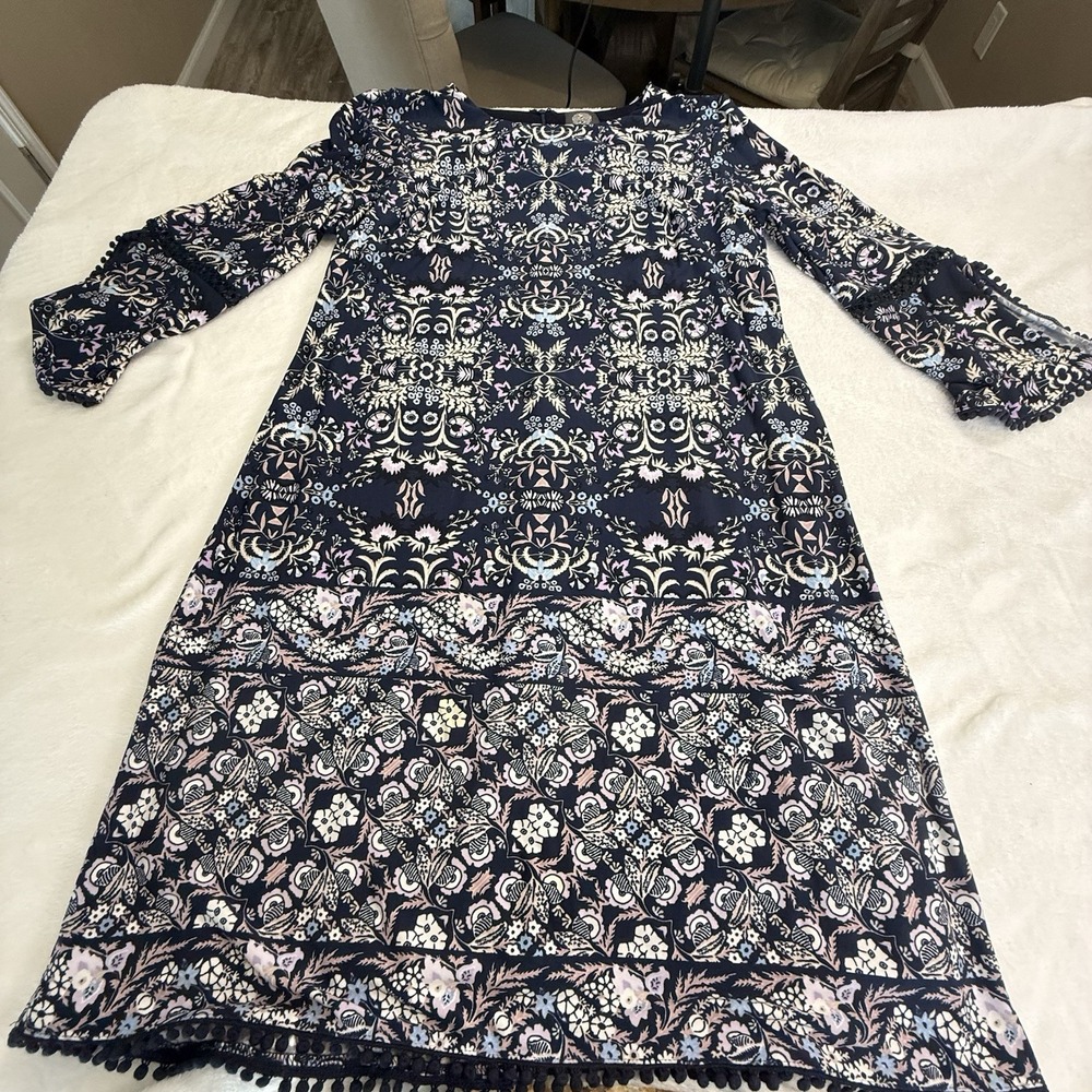 Vince Camuto Dress Womens 12 Navy Floral Bell Sleeve Pom Pom Trim Shift
